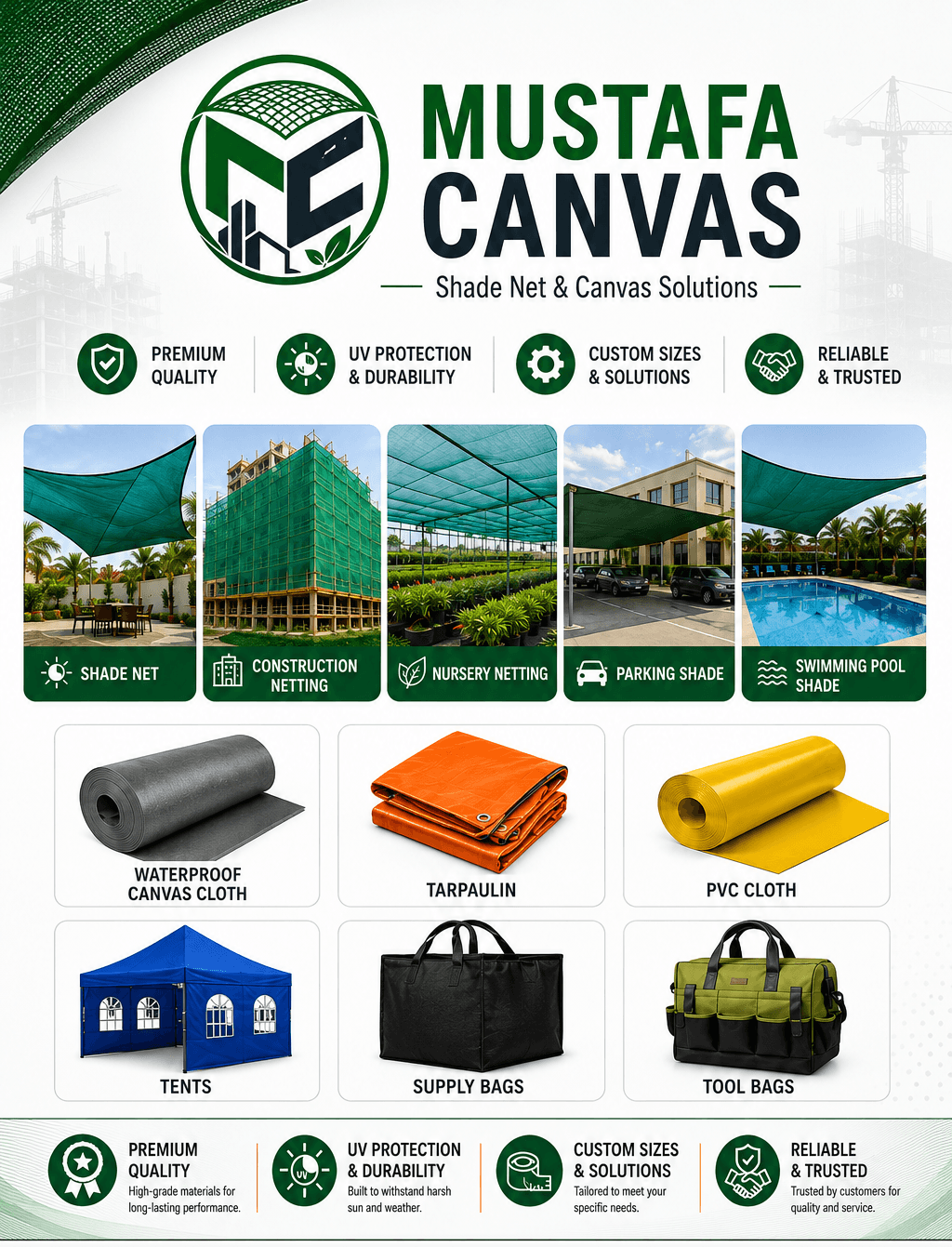Mustafa Canvas shade net and canvas solutions catalog for mobile
